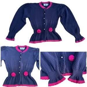 VTG Hartstrings Cardigan Pink Trim Rosette Waist Pearl Button Peplum Kids 10 12